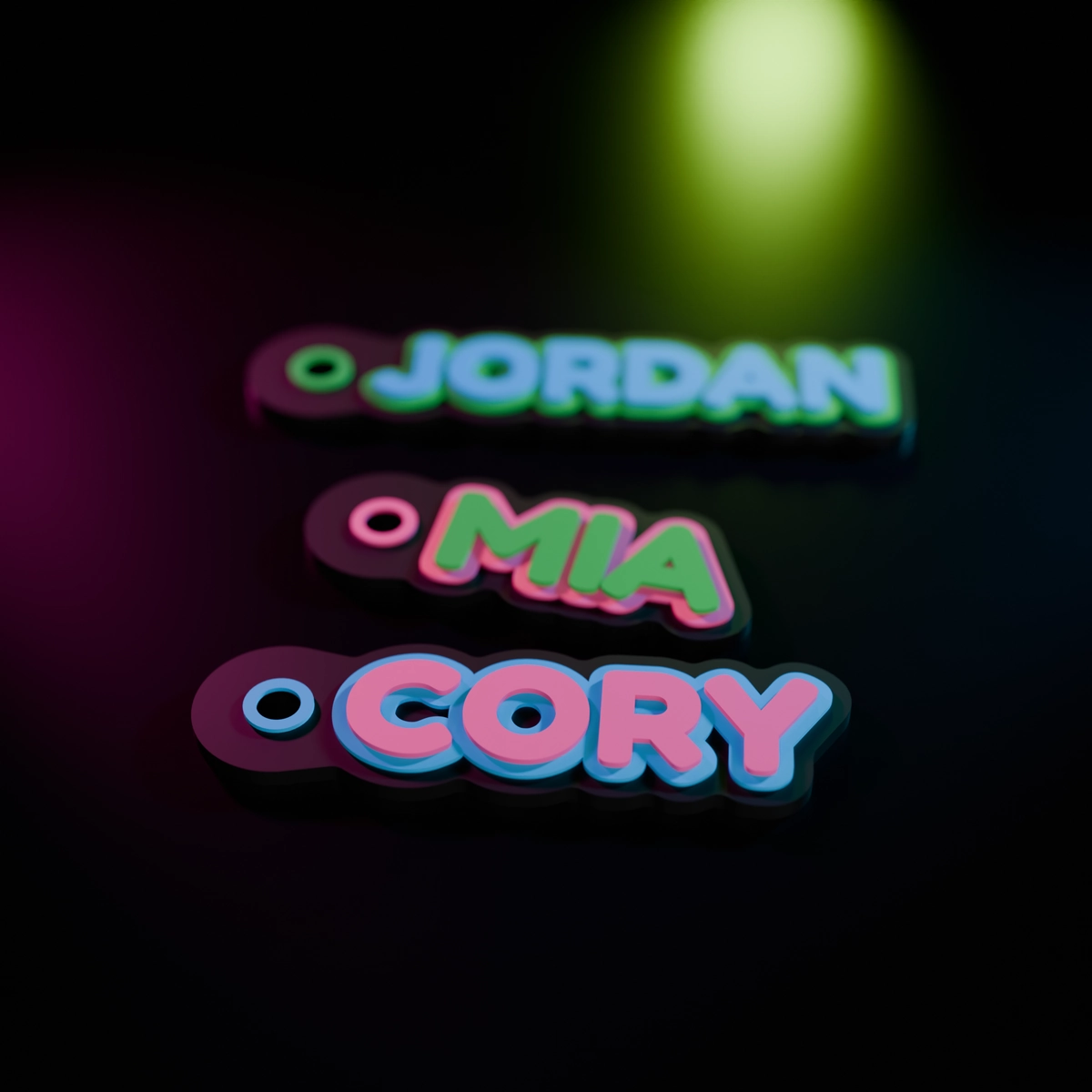 Neon name tag with raised letters on a contrasting halo