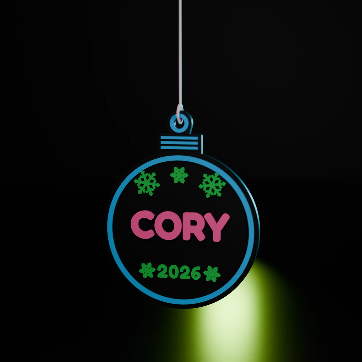 Personalized neon ornament with a raised name and snowflakes, hero view