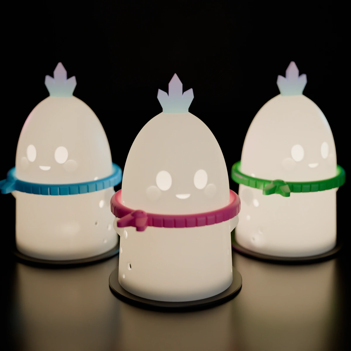 Snow Sprite glow figurine with a neon scarf, a desk collectible